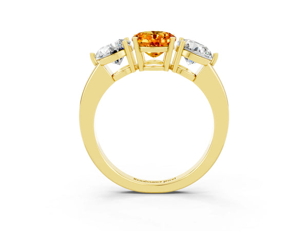 Yellow gold Oval Cut Citrine Three-Stone Ring with Prong Setting and Classic Band
