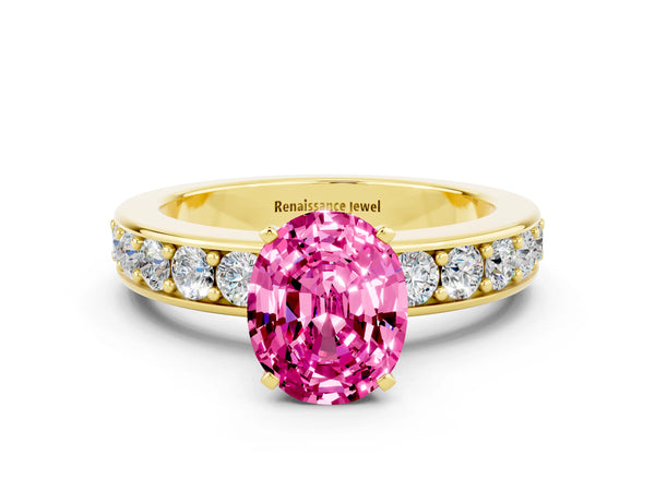 Yellow gold Oval Cut Pink Sapphire Engagement Ring with Channel Set Round  Band and Prong Setting