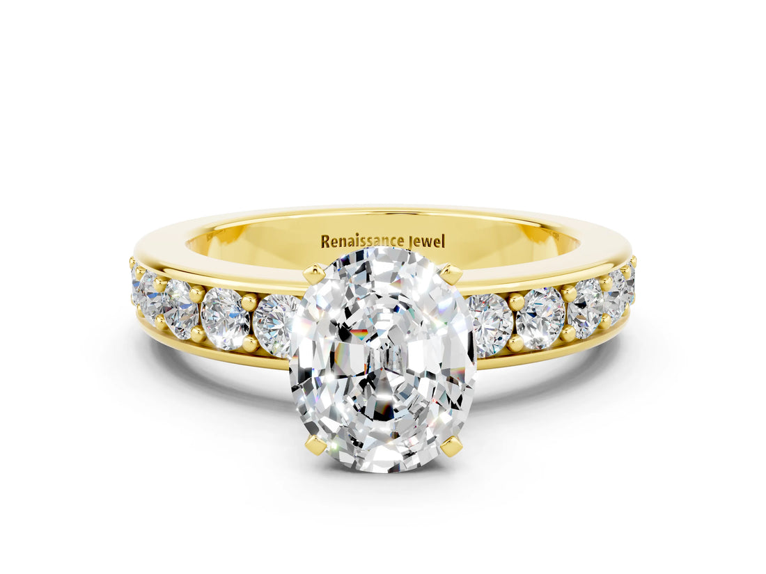 Yellow gold Oval Cut Cut Channel Set Diamond Engagement Ring with Four-Prong Setting