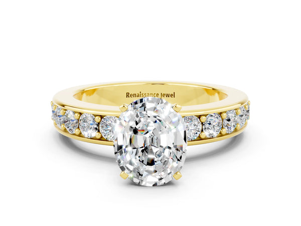 Yellow gold Oval Cut Moissanite Engagement Ring with Channel Set Round  Band and Prong Setting