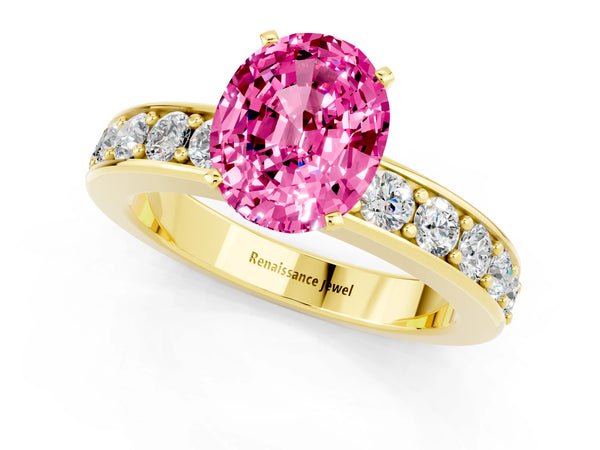 Yellow gold Oval Cut Pink Sapphire Engagement Ring with Channel Set Round  Band and Prong Setting
