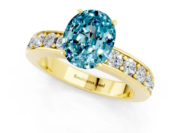 Yellow gold Oval Cut Blue Topaz Engagement Ring with Channel Set Round  Band and Prong Setting