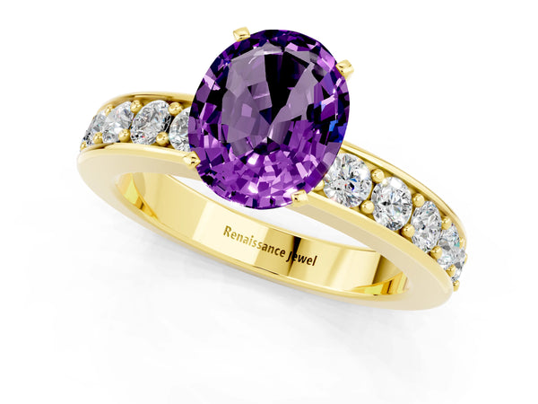 Yellow gold Oval Cut Amethyst Engagement Ring with Channel Set Round  Band and Prong Setting