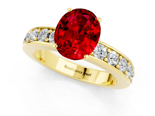 Yellow gold Oval Cut Ruby Engagement Ring with Channel Set Round  Band and Prong Setting