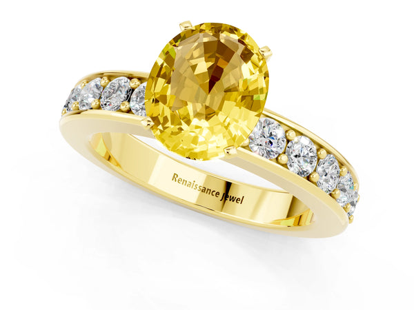Yellow gold Oval Cut Yellow Sapphire Engagement Ring with Channel Set Round  Band and Prong Setting