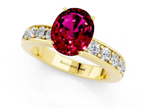 Yellow gold Oval Cut Garnet Engagement Ring with Channel Set Round  Band and Prong Setting