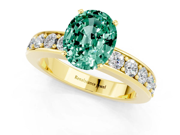 Yellow gold Oval Cut Green Sapphire Engagement Ring with Channel Set Round  Band and Prong Setting