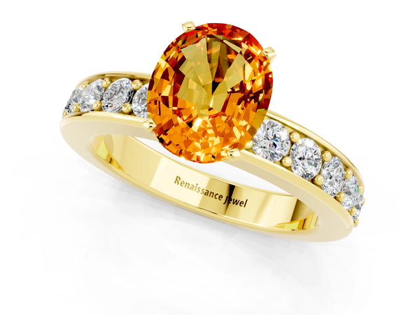 Yellow gold Oval Cut Citrine Engagement Ring with Channel Set Round  Band and Prong Setting
