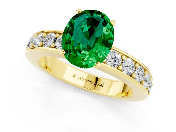 Yellow gold Oval Cut Emerald Engagement Ring with Channel Set Round  Band and Prong Setting