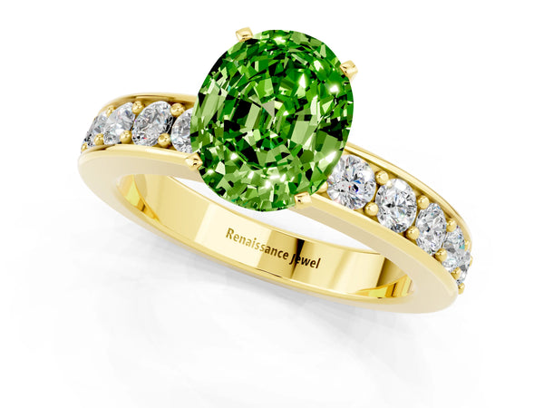 Yellow gold Oval Cut Peridot Engagement Ring with Channel Set Round  Band and Prong Setting