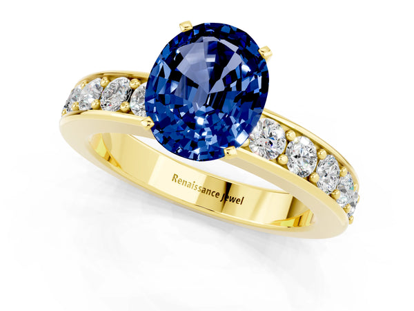 Yellow gold Oval Cut Blue Sapphire Engagement Ring with Channel Set Round  Band and Prong Setting