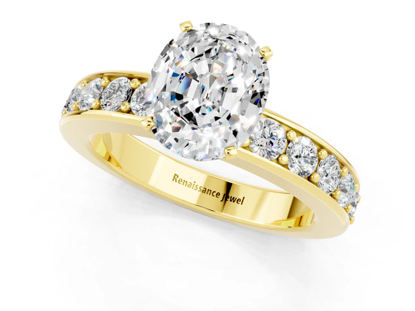 Yellow gold Oval Cut Moissanite Engagement Ring with Channel Set Round  Band and Prong Setting