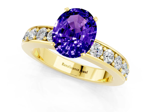 Yellow gold Oval Cut Tanzanite Engagement Ring with Channel Set Round  Band and Prong Setting