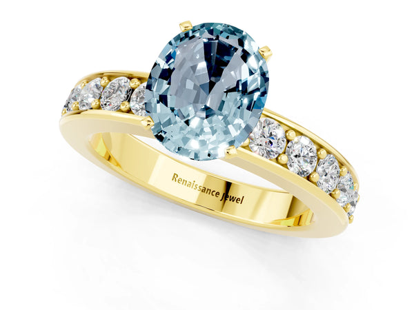 Yellow gold Oval Cut Aquamarine Engagement Ring with Channel Set Round  Band and Prong Setting