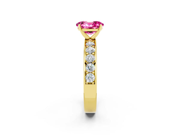 Yellow gold Oval Cut Pink Sapphire Engagement Ring with Channel Set Round  Band and Prong Setting