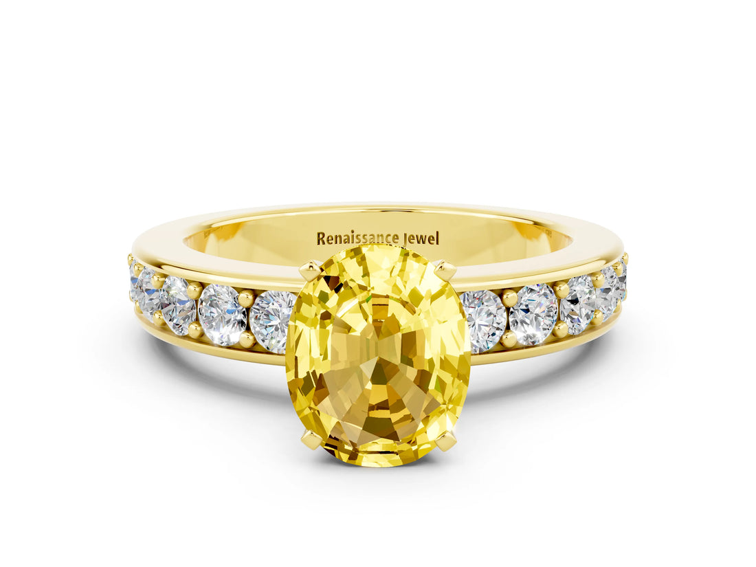 Yellow gold Oval Cut Cut Channel Set Diamond Engagement Ring with Four-Prong Setting