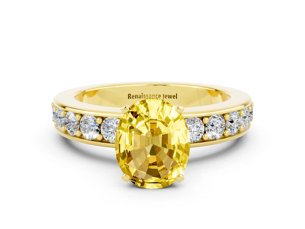 Yellow gold Oval Cut Yellow Sapphire Engagement Ring with Channel Set Round  Band and Prong Setting