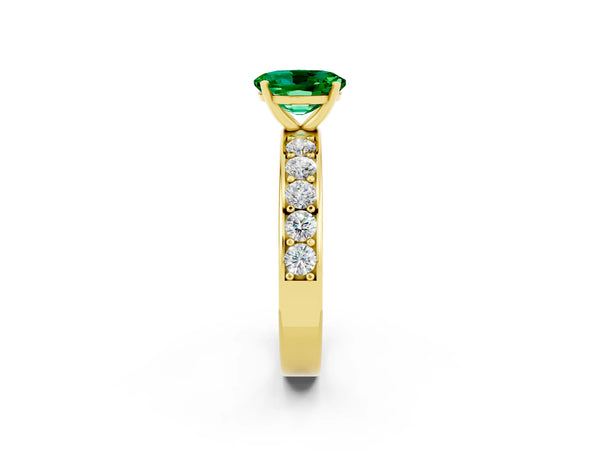 Yellow gold Oval Cut Emerald Engagement Ring with Channel Set Round  Band and Prong Setting