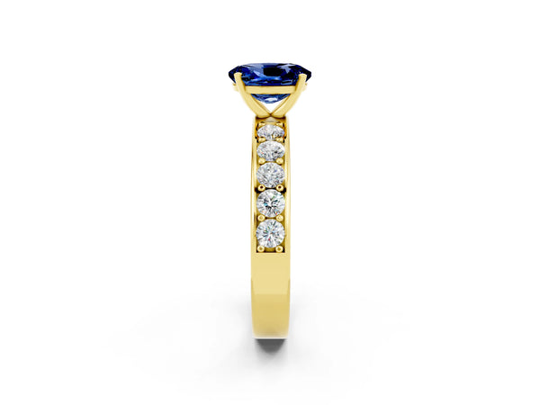 Yellow gold Oval Cut Blue Sapphire Engagement Ring with Channel Set Round  Band and Prong Setting