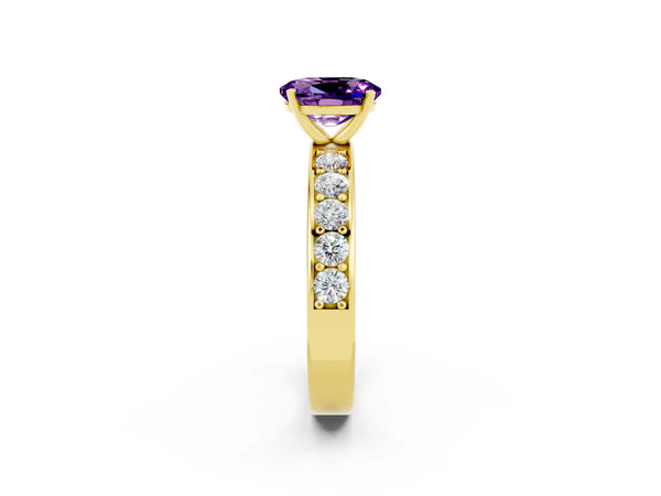 Yellow gold Oval Cut Amethyst Engagement Ring with Channel Set Round  Band and Prong Setting