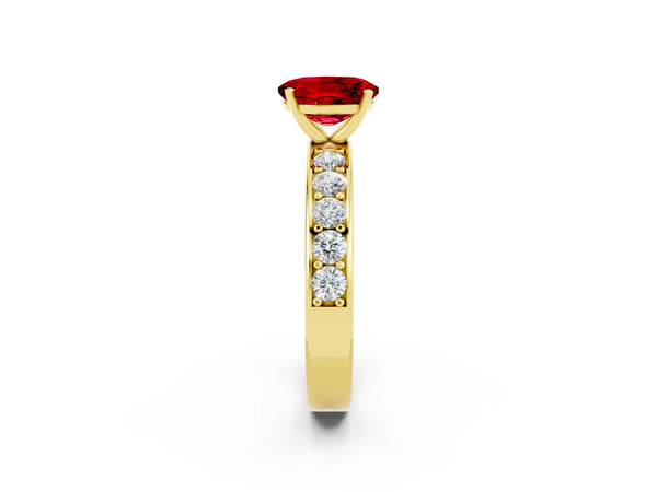 Yellow gold Oval Cut Ruby Engagement Ring with Channel Set Round  Band and Prong Setting