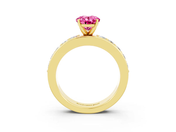 Yellow gold Oval Cut Pink Sapphire Engagement Ring with Channel Set Round  Band and Prong Setting