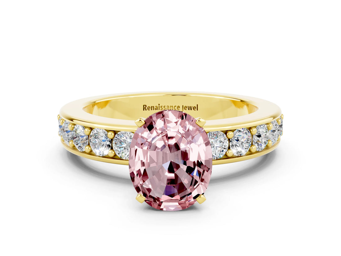 Yellow gold Oval Cut Cut Channel Set Diamond Engagement Ring with Four-Prong Setting