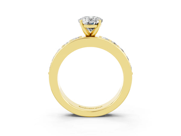 Yellow gold Oval Cut Moissanite Engagement Ring with Channel Set Round  Band and Prong Setting