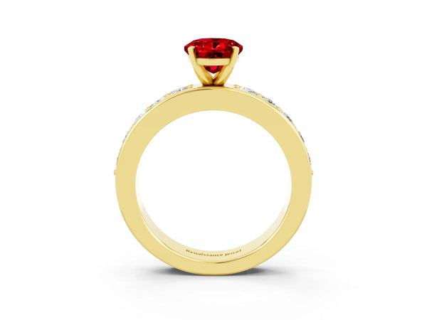 Yellow gold Oval Cut Ruby Engagement Ring with Channel Set Round  Band and Prong Setting