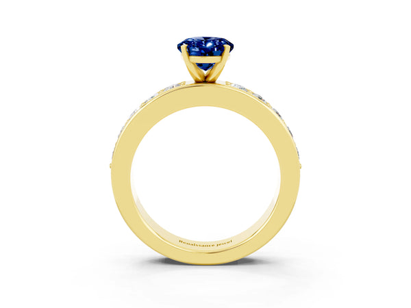 Yellow gold Oval Cut Blue Sapphire Engagement Ring with Channel Set Round  Band and Prong Setting