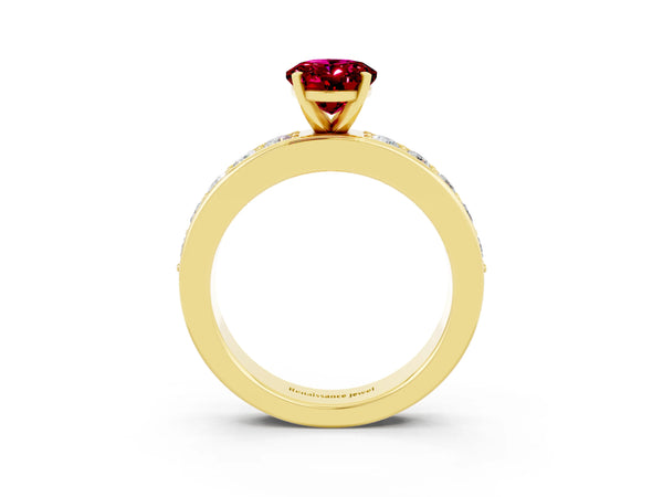 Yellow gold Oval Cut Garnet Engagement Ring with Channel Set Round  Band and Prong Setting