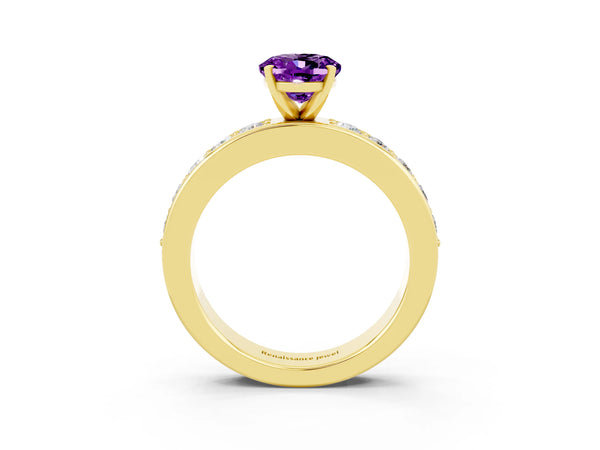 Yellow gold Oval Cut Amethyst Engagement Ring with Channel Set Round  Band and Prong Setting
