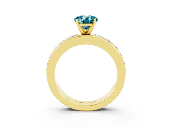 Yellow gold Oval Cut Blue Topaz Engagement Ring with Channel Set Round  Band and Prong Setting