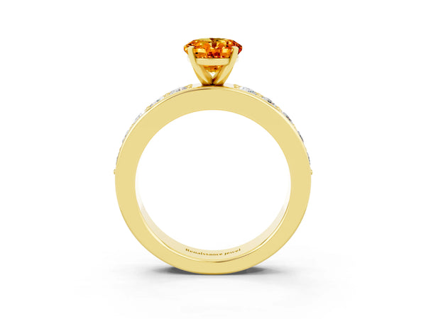 Yellow gold Oval Cut Citrine Engagement Ring with Channel Set Round  Band and Prong Setting