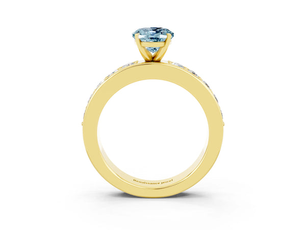 Yellow gold Oval Cut Aquamarine Engagement Ring with Channel Set Round  Band and Prong Setting