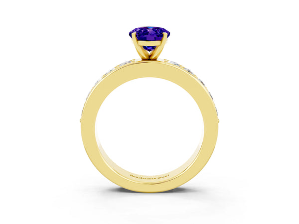 Yellow gold Oval Cut Tanzanite Engagement Ring with Channel Set Round  Band and Prong Setting