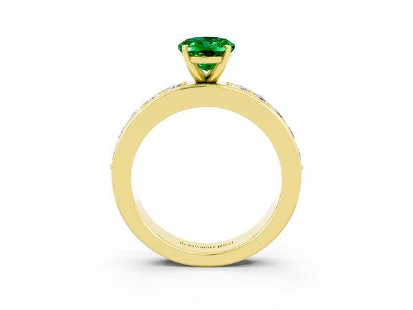 Yellow gold Oval Cut Emerald Engagement Ring with Channel Set Round  Band and Prong Setting