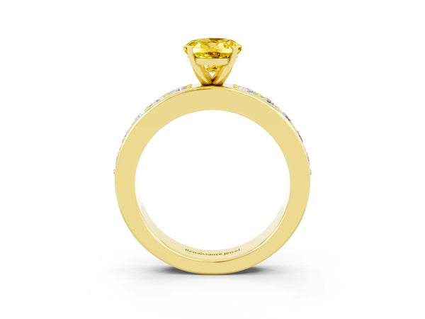 Yellow gold Oval Cut Yellow Sapphire Engagement Ring with Channel Set Round  Band and Prong Setting