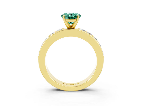 Yellow gold Oval Cut Green Sapphire Engagement Ring with Channel Set Round  Band and Prong Setting