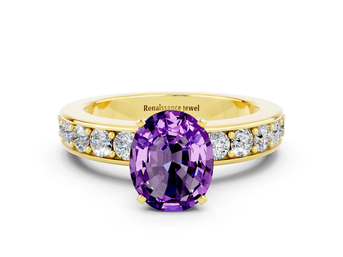 Yellow gold Oval Cut Cut Channel Set Diamond Engagement Ring with Four-Prong Setting