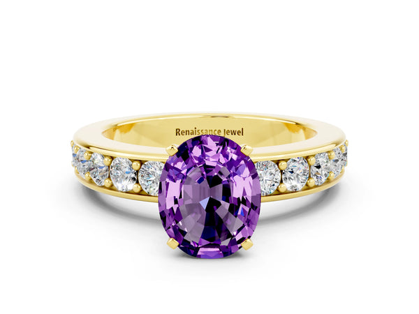 Yellow gold Oval Cut Amethyst Engagement Ring with Channel Set Round  Band and Prong Setting