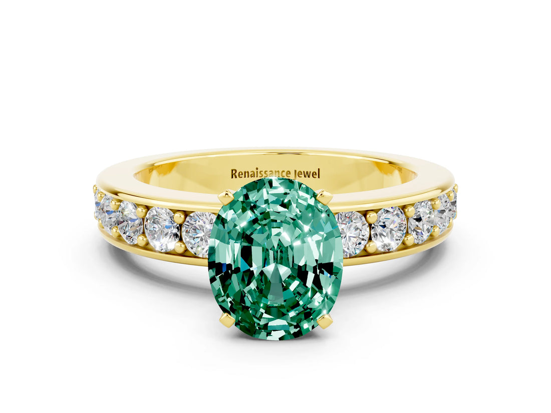 Yellow gold Oval Cut Cut Channel Set Diamond Engagement Ring with Four-Prong Setting