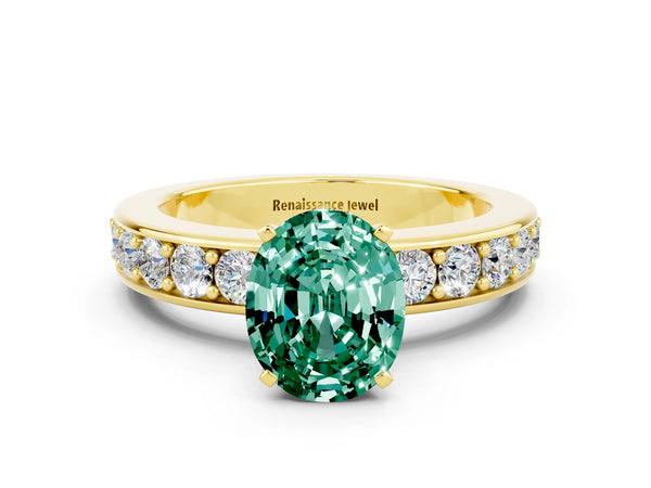 Yellow gold Oval Cut Green Sapphire Engagement Ring with Channel Set Round  Band and Prong Setting