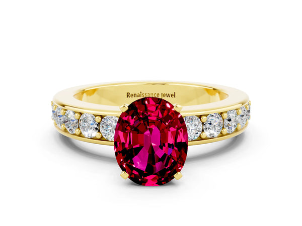 Yellow gold Oval Cut Garnet Engagement Ring with Channel Set Round  Band and Prong Setting