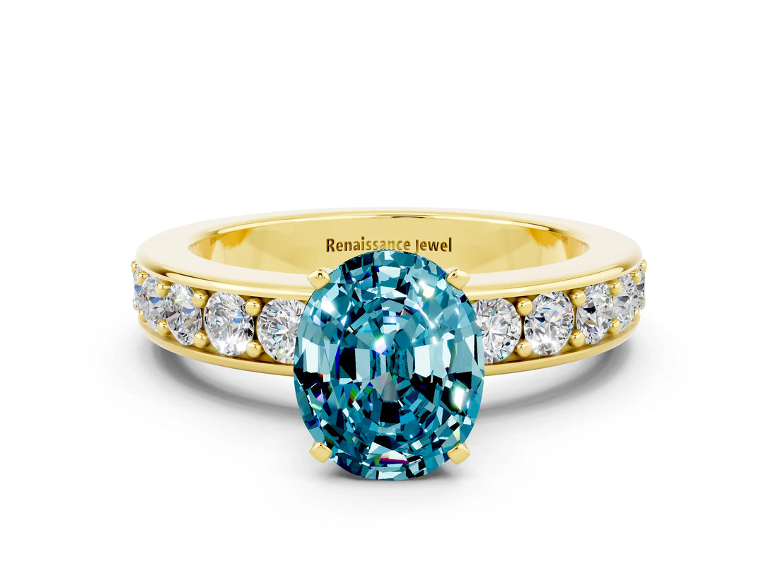 Yellow gold Oval Cut Cut Channel Set Diamond Engagement Ring with Four-Prong Setting