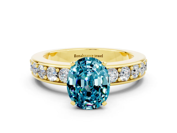 Yellow gold Oval Cut Blue Topaz Engagement Ring with Channel Set Round  Band and Prong Setting