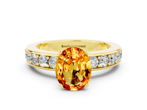 Yellow gold Oval Cut Citrine Engagement Ring with Channel Set Round  Band and Prong Setting