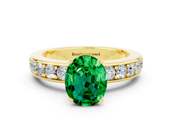 Yellow gold Oval Cut Emerald Engagement Ring with Channel Set Round  Band and Prong Setting