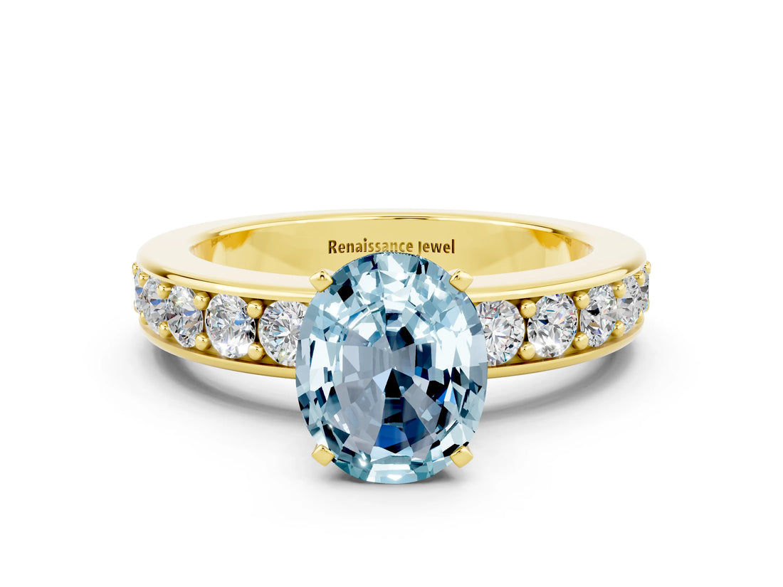 Yellow gold Oval Cut Cut Channel Set Diamond Engagement Ring with Four-Prong Setting