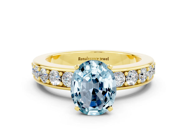 Yellow gold Oval Cut Aquamarine Engagement Ring with Channel Set Round  Band and Prong Setting